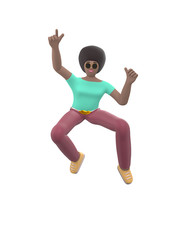 Obraz na płótnie Canvas Young cheerful African girl dancing and jumping with arms raised up. Positive character in casual colored clothes. Funny, happy cartoon man, student, teenager minimal style. 3D rendering.