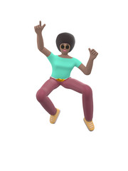 Young cheerful African girl dancing and jumping with arms raised up. Positive character in casual colored clothes. Funny, happy cartoon man, student, teenager minimal style. 3D rendering.