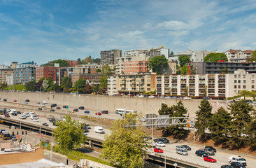 Fototapeta premium Interstate through commercial part of Seattle