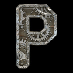 Mechanical alphabet made from rivet metal with gears on black background. Letter P. 3D