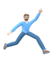 Fototapeta na wymiar A young cheerful guy with a beard in glasses dances, jumps, levitates and flies. Positive character in casual colored clothes. Funny, abstract cartoon people. 3D rendering.