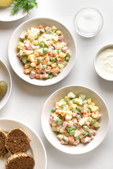 Olivier salad in bowls