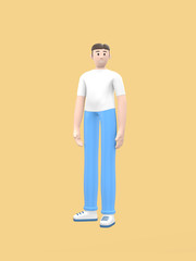 Young cheerful guy is standing in a free pose. Positive character in casual colored clothes on a yellow background. Funny, abstract cartoon man. 3D rendering.