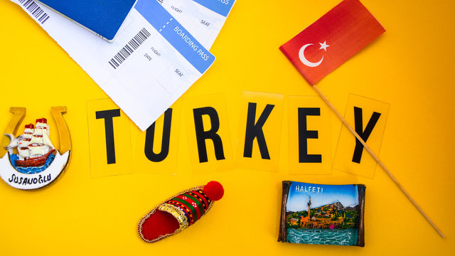 Turkey travel concept, turkish flag, magnets from Halfeti and Sanliurfa