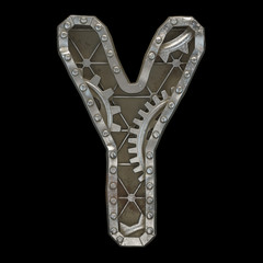 Mechanical alphabet made from rivet metal with gears on black background. Letter Y. 3D