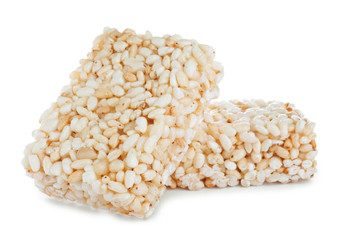 Delicious rice crispy treats on white background