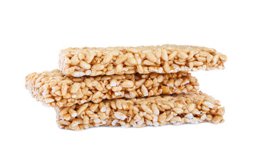 Delicious rice crispy treats on white background