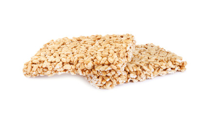 Delicious rice crispy treats on white background