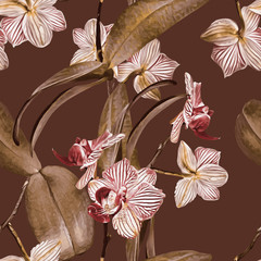 Orchid seamless pattern. Watercolor Illustration. Hand painted background