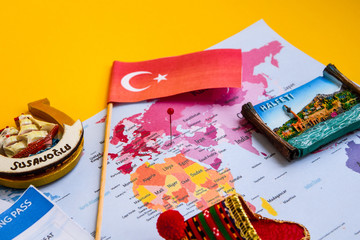 Turkey travel concept, turkish flag, magnets from Halfeti and Sanliurfa
