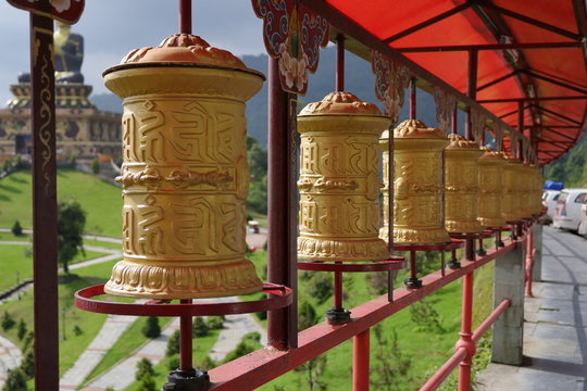 Prayer wheels along the way to Tathagata Tsal (Buddha Park) in ravangla sikkim India
