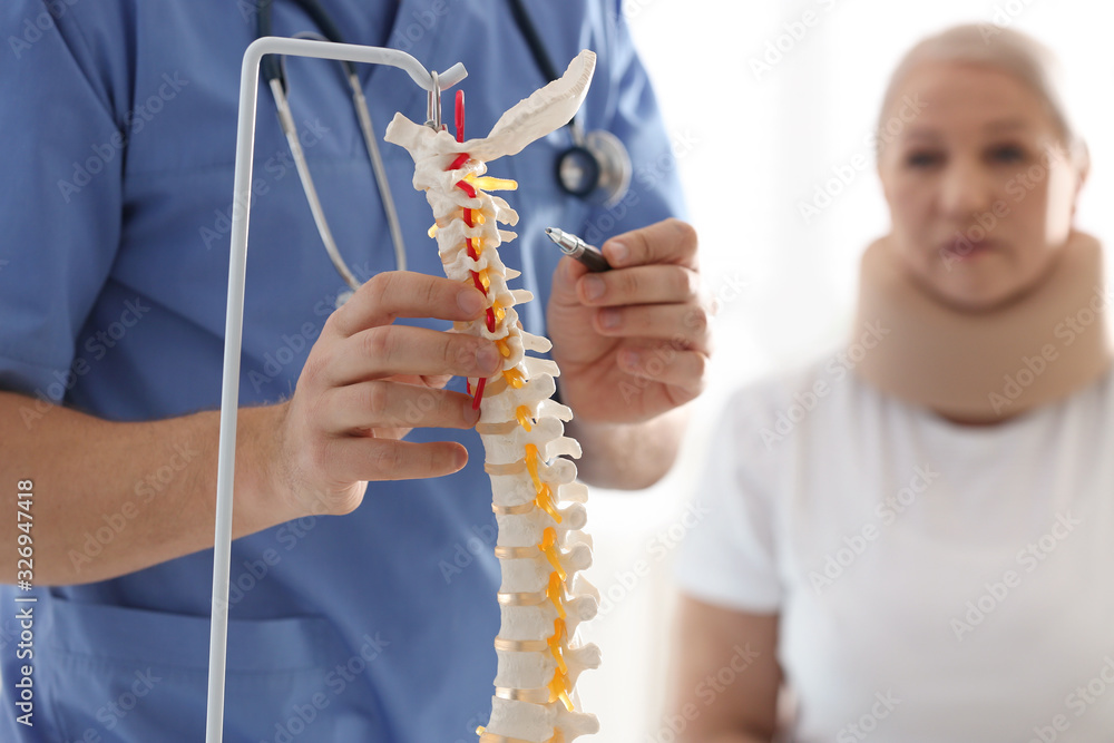 Poster Male orthopedist explaining structure of spine to patient, closeup