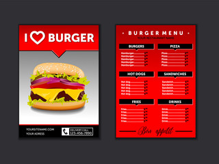 Menu for fast food restaurant with transparent background. template for brochure with burger on a transparent background