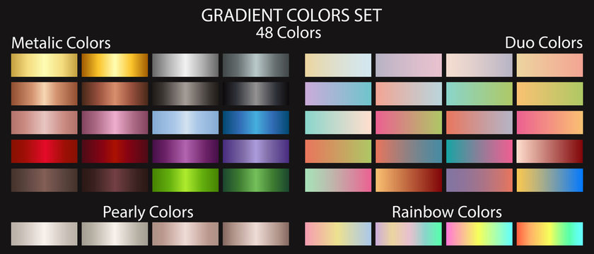 Metal gradient color set, plus duo gradient colors, pearl colors and gradient rainbow colors. Textures for surfaces, backgrounds, templates and screens. Gold, silver , bronze and colorful swatches.