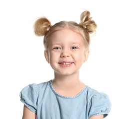 Portrait of cute little girl on white background