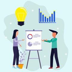 Confident young men and young women stand near the flip chart and point to the charts and diagrams. Creative business concept. Office interiors. Modern vector illustration. Flat design.