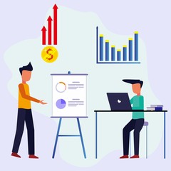 Business men present new projects to partners and colleagues. He shows graphs and pie charts. The trainer gives a presentation to the client in the conference meeting room. Modern vector illustration.