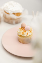 Selective focus of cupcake on plate and easter cake on white background