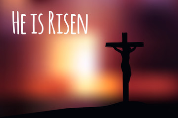 True Easter scene: cross on dramatic sunset scene, with text "He is risen". Horizontal oriented, vector illustration, transparency and gradient meshes.