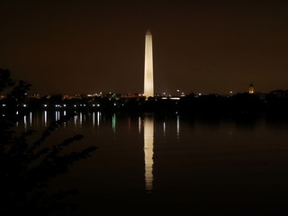 Fototapeta na wymiar Medium wide shot of the Washington Monument with night lights of Washington, D.C. reflected in the waters of Potomac River.