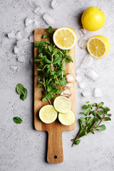 Ingredients for mojito on light background. Lemon, lime and fresh mint on cutting board