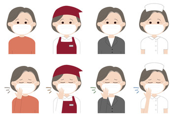 Group of women wearing a medical face mask to prevent coronavirus or covid-19 or another type of virus. Vector illustration isolated on white background.