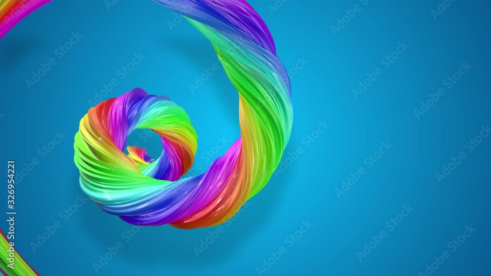 Poster abstract background with rainbow color stripes that moving in a spiral and shiny on blue background 