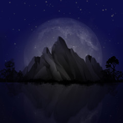 Mountain view with full moon in the background and reflection in the water in front. Illustration.
