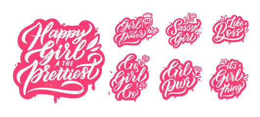 Girl power phrases calligraphic inscriptions bundle. Like boss, sassy girl, grl pwr letterings