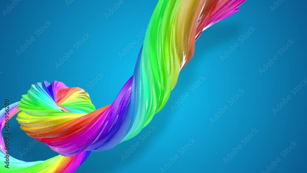 Poster abstract background with rainbow color stripes that moving in a spiral and shiny on blue background 