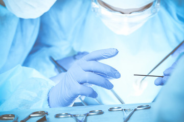 Fototapeta premium Close-up of medical team performing operation. Group of surgeons at work are busy of patient. Medicine, veterinary or healthcare and emergency in hospital