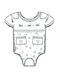 Linear drawing with clothes for newborns. Black and white linear sketch of a children's bodysuit for girls and boys. Pattern with baby body for packaging design, textiles, postcards, print design
