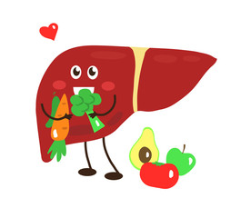 Healthy liver in vegetables on a white background. Cartoon. Vector illustration.