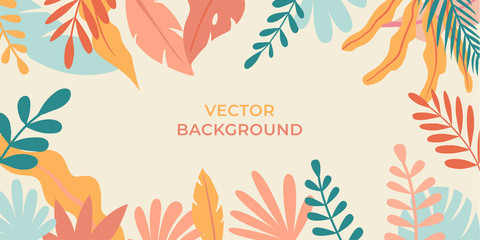 Fototapeta na wymiar Vector illustration in simple flat style with copy space for text - background with plants and leaves - backdrop for greeting cards, posters, banners and placards