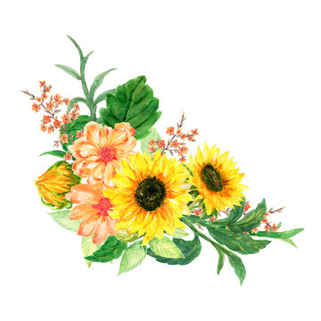 Watercolor illustration sunflower wildflower blossom Botanical leaves collection Set of wild and garden wreath bouquet arrangements hand painted