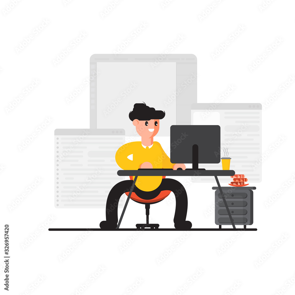 Aufkleber character works at the computer. distant work. remote work. - vector