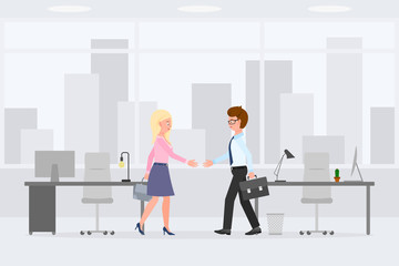 Fototapeta premium Friendly man and woman hands shaking meeting partners vector illustration. Two coworkers making negotiation deal at office interior cartoon character set on cityscape background