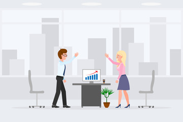 Fototapeta premium Happy man and woman indoor interior, working place vector illustration. Workers giving high five, successful report, smiling, hands up male and female cartoon character set on cityscape background
