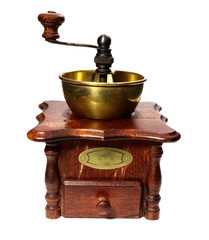 Manual coffee grinder isolated on a white background. Old wooden coffee grinder,