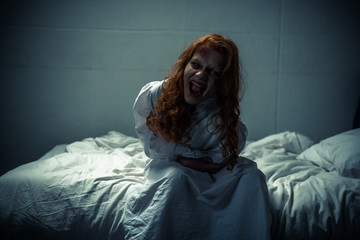 obsessed creepy girl in nightgown shouting in bedroom