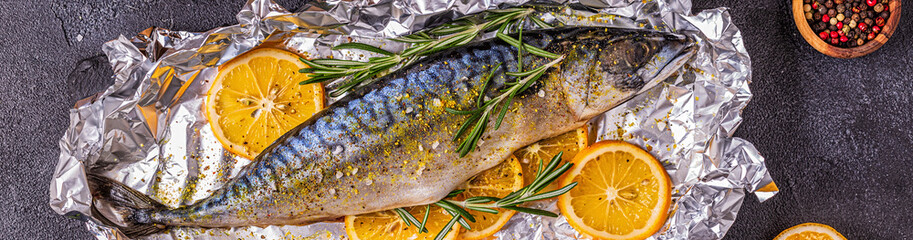 raw mackerel with spices in baking foil