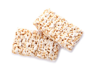 Delicious rice crispy treats isolated on white, top view