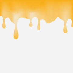 Honey drip pattern isolated on white background. Golden butter, caramel, orange confectionery syrup or sauce. Vector melted bee nectar border template..