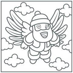 Coloring Book For Children, Santa Claus With Wings Flying On Sky