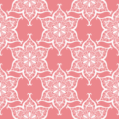 White seamless print on pink background. Indian style pattern