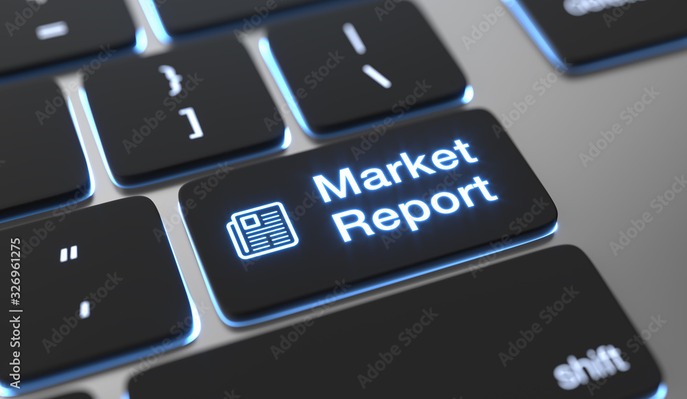 Aufkleber market report text written on keyboard button.