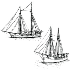 Vintage ship, sailboats set. Hand drawn line art sketch. Black and white doodle vector illustration, design for coloring book page