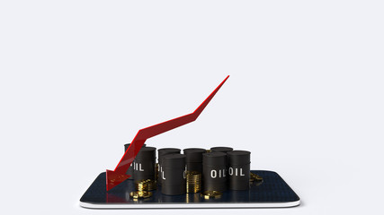  red Arrow pointing down  and oil tanks  3d rendering image for Petroleum business content.