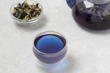 Blue tea Anchan, Clitoria, Butterfly Pea. Cup blue tea. Healthy detox herbal drink.