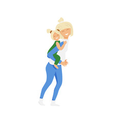 Vector illustration of blond mother and daughter in flat cartoon style. Family spends time playing together. Mummy put on back little girl. Cute and funny concept design of activities isolated